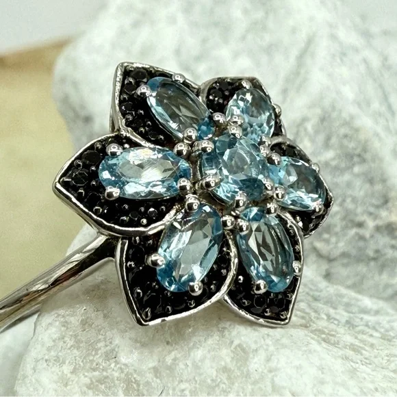 NWT Santa Maria Aquamarine & Black Spinel Daisy Ring Sz 10 Platinum 925 1.25ctw - Picture 5 of 17
